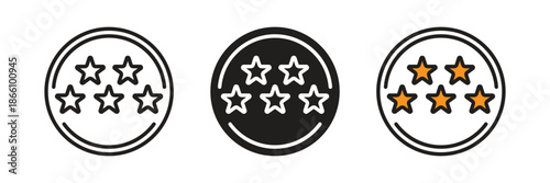 Star Badge Icon. Five-star cluster inside a circular badge, perfect for product quality stamps, service excellence markers, and professional certification for marketing materials.