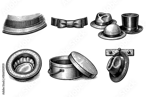 Vintage hat collection: engraved styles of classic headwear accessories