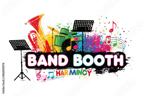 Colorful music ensemble with musical instruments and notes