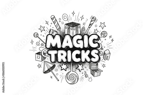 Magic tricks hand-drawn doodle: whimsical elements and magical props
