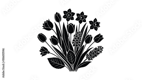 Black silhouette illustration of a bouquet of tulips, daffodils, and flowers with leaves on white background, floral arrangement in a graphic design style