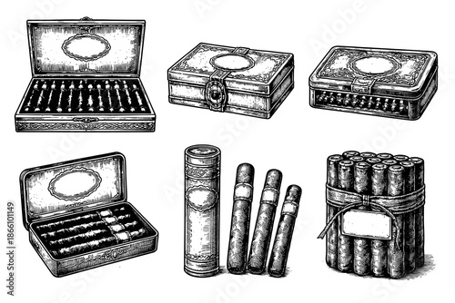 Vintage cigar box collection with detailed hand drawn designs