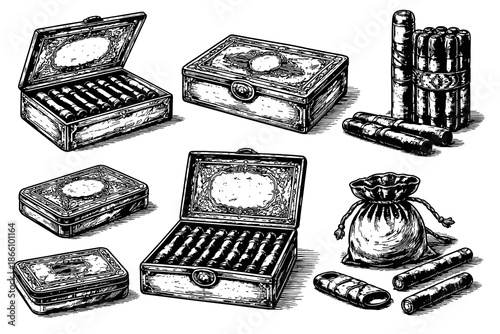 Vintage hand drawn cigar boxes and accessories collection