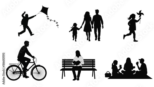 Black silhouettes of people engaging in leisure activities outdoors, including flying a kite, walking, running, cycling, sitting on a bench, and having a picnic