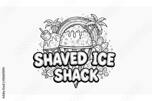 Monochrome shaved ice shack logo with tropical elements