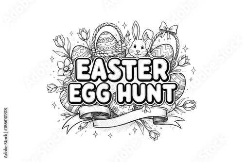 Easter egg hunt theme with bunny and floral elements in black and white