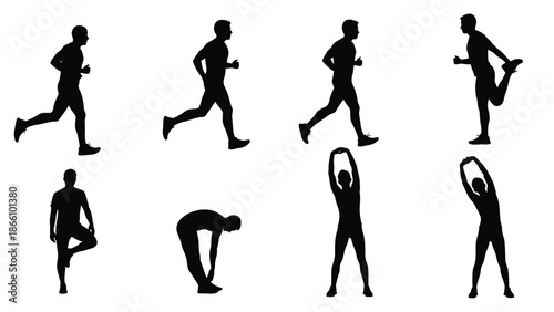 A set of black silhouettes of a man running and stretching on a white background for fitness and sports concepts with exercise and athlete