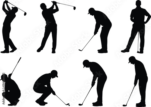 Golf player silhouette set showing swing putting and stance poses isolated on white background for sport training design