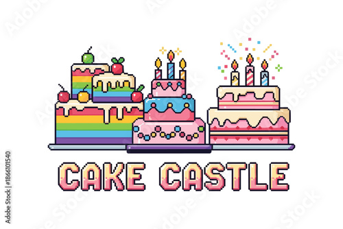 Colorful pixel art cake collection with rainbow layers and birthday candles