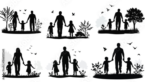 Black silhouette illustrations of happy family with children outdoors in nature with trees and birds with parent and graphic and vector and kid