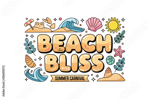 Beach bliss summer carnival: playful cartoon design with seashells, waves, and sandcastles
