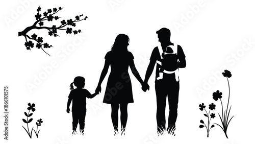 Silhouette of happy family with two children walking hand in hand outdoors in nature with flowers and tree with love and people and couple