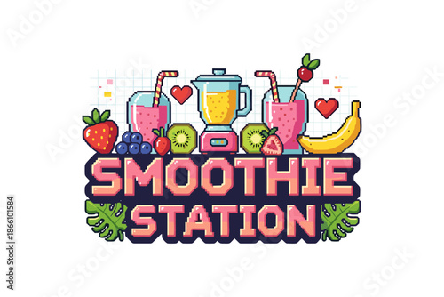 Pixel art smoothie station with fruits and blender in retro style