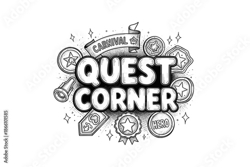 Adventure theme carnival design with quest corner badges in vintage style