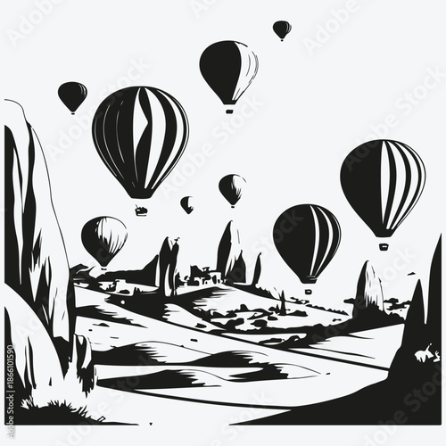 Cappadocia landscapes with hot air balloons sketch illustration vector