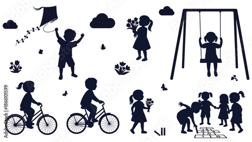 Silhouette illustration of children playing outside in a park with swings, bicycles, and kites on a sunny day with clouds and flowers with playground