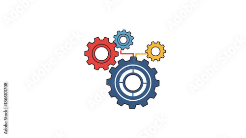 Colorful gear icons in red, blue, and yellow, interconnected, symbolizing teamwork, industry, and mechanical processes, for business and technology concepts
