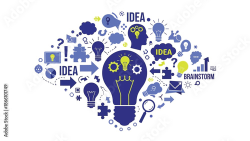 Creative brainstorming concept with light bulb and various idea generation symbols in shades of blue and yellow on white background with creativity