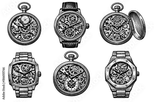 Intricate vintage timepieces with exposed gears in detailed black and white style