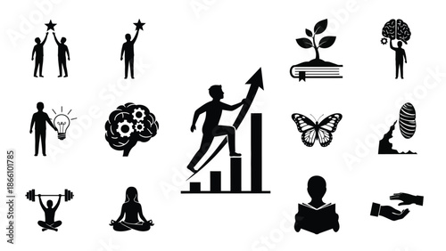 Black silhouettes of people achieving success and growth concepts with symbols of ideas, progress, and wellness on white background, business and personal development