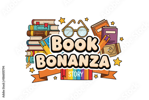 Book bonanza: colorful book stacks and reading theme with stars and glasses
