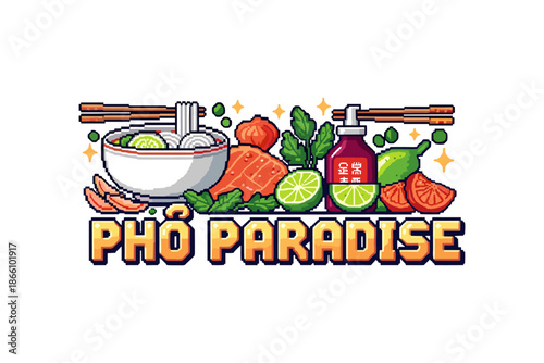 Colorful pixel art pho ingredients with vibrant text design