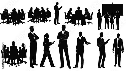Business professionals in various meeting and presentation settings in black silhouette on white background with team and office and workspace