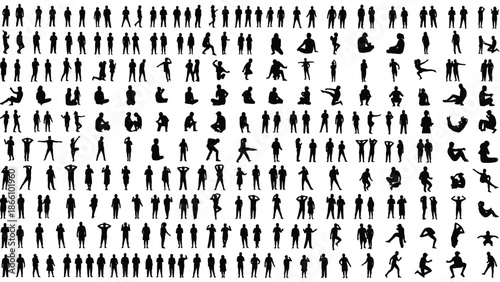 Collection of diverse human silhouettes in various poses and actions on white background for design and illustration with people silhouettes