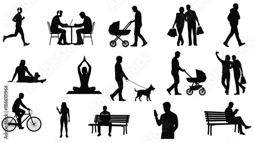 Collection of people doing various daily activities in silhouette, including exercise, socializing, and leisure, against a white background for graphic design use