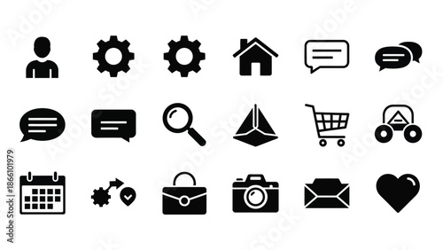 Collection of various business and communication icons including settings, chat, house, shopping cart, calendar, and heart symbols in black on white background