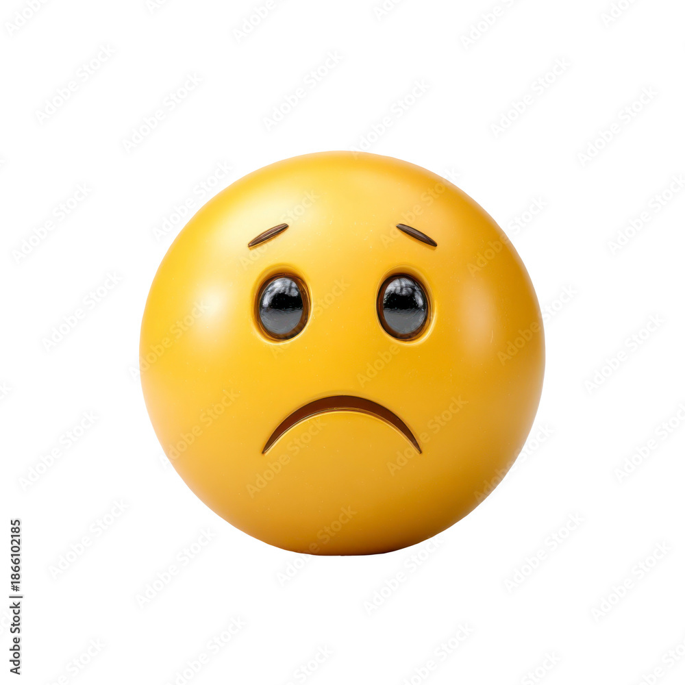 Fototapeta premium A 3D render of a yellow sad face emoticon with furrowed eyebrows and downturned mouth.