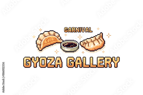 Pixel art dumplings carnival design with soy sauce and sparkling elements