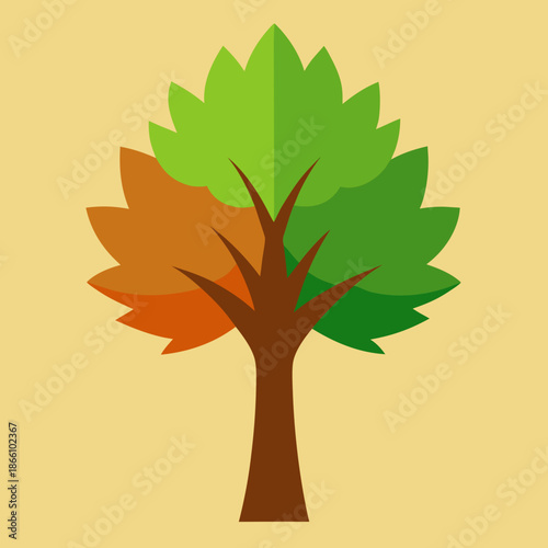 Minimal maple tree vector art, vivid green and warm brown tones, clean composition