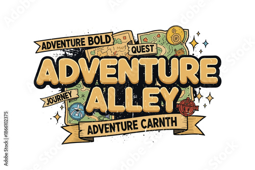 Adventure alley quest logo with bold typography and map design elements
