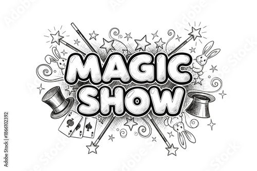Hand drawn magic show poster with playful rabbits and magical elements