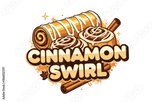 Cinnamon swirl delight: delicious roll with icing and cinnamon sticks on textured background
