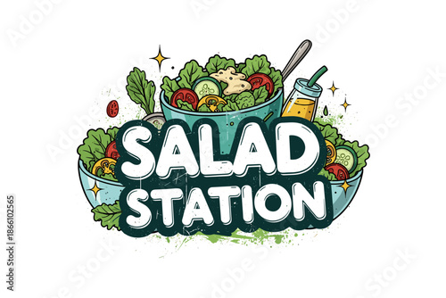 Fresh salad station with vibrant vegetables and dressing elements in bold design