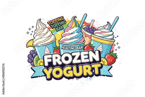 Colorful frozen yogurt design with toppings and fruits in retro comic style
