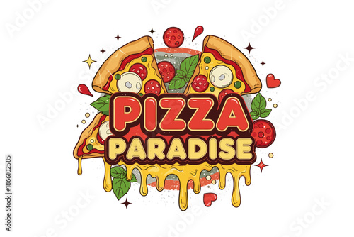 Delicious pizza paradise with cheese drips and pepperoni slices in pop art style