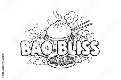 Bao bliss: whimsical dumpling delight with chopsticks and clouds in monochrome style