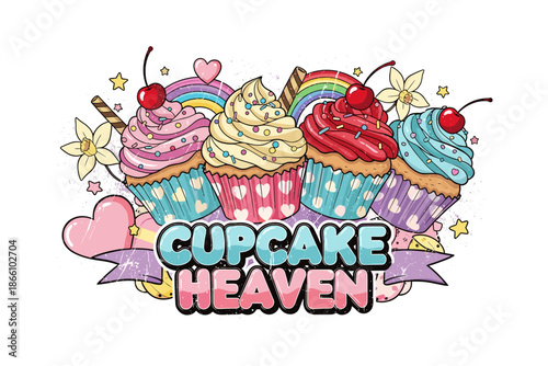 Colorful cupcakes with rainbow elements and cherry toppings