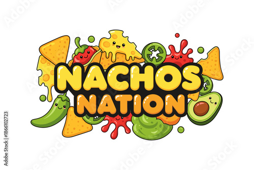 Cute nacho party with cheese, avocado, and peppers in cartoon style