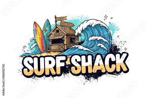 Colorful surf shack art with waves and surfboards in retro style