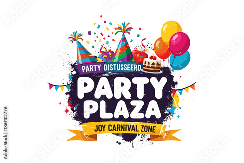 Joyful celebration design with balloons, confetti, and party elements for festive decorations