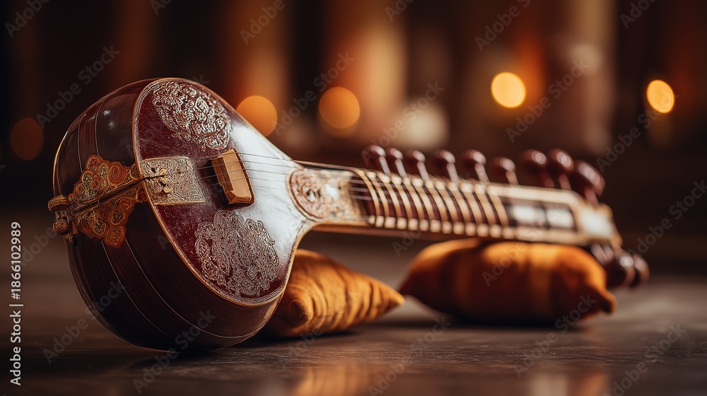 © vlntn - Beautiful Sitar on Soft Cushions Background