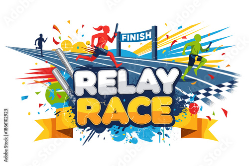 Colorful relay race with dynamic runners and finish line on vibrant background