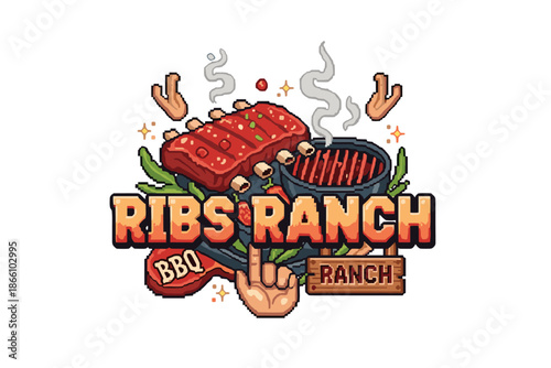 Ribs ranch bbq logo with grilled meat and smokin' flavorful design