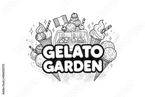 Delicious gelato garden with italian theme in monochrome design