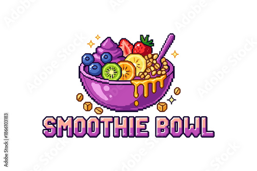 Pixel art smoothie bowl with fruits and honey drizzle