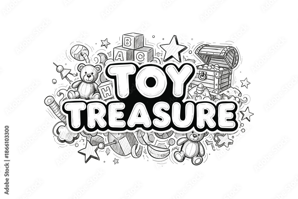 Obraz premium Toy treasure: whimsical doodle art with blocks, teddy bears, and treasure chest